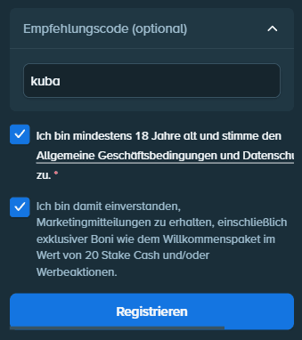 Anmeldeformular bei Stake: aufgeklapptes Feld für den Empfehlungscode mit eingetragenem Code und beiden gesetzten Haken